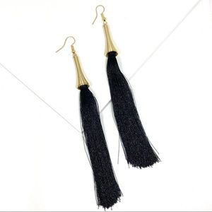 Gold Plated Long Black Silk Tassel Drop Earrings